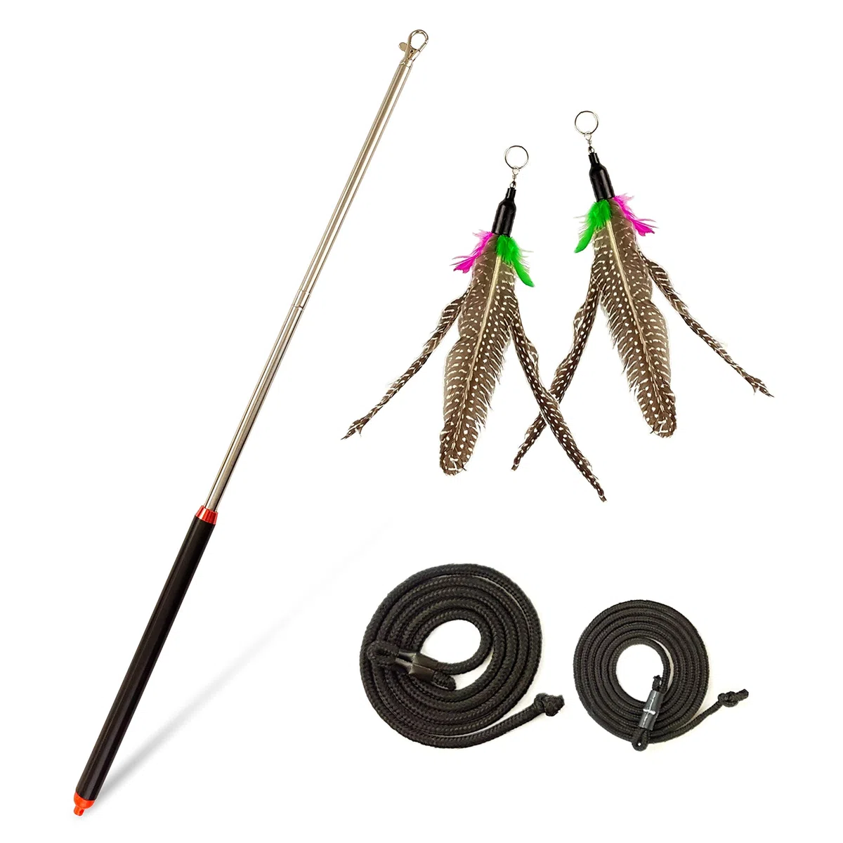 Canne à Chat télescopique – Jouet interactif avec Plumes & Bandes – 2 recharges incluses – Stable & sûr – Stimule l’Instinct de Chasse, l’Intelligence & Le Bien-être du Chat