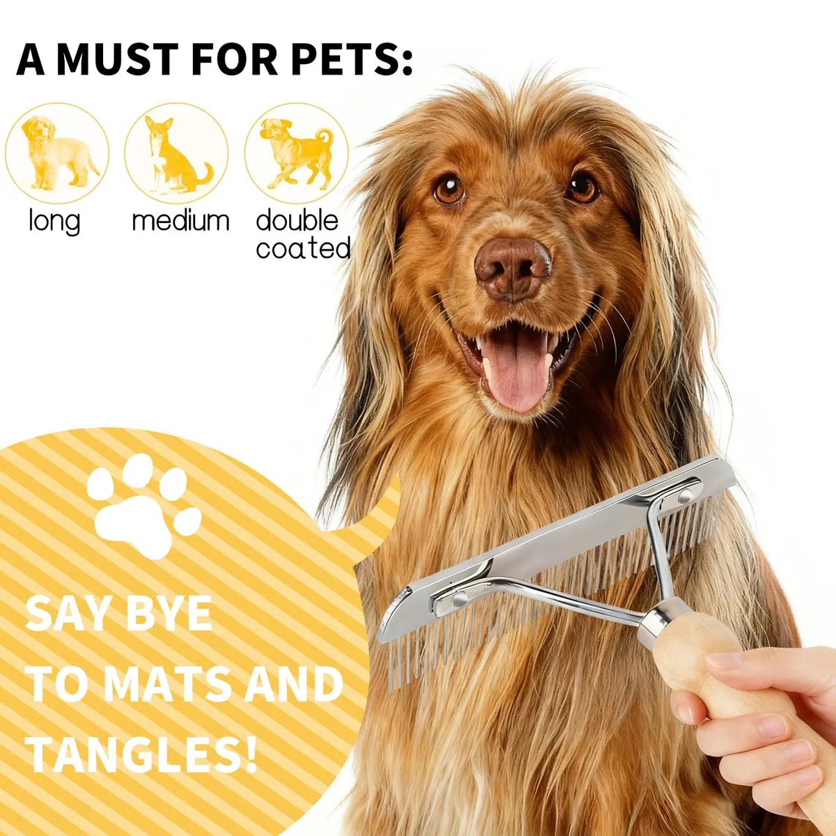 Ordermore Râteau à dents longues pour chien avec manche en bois antidérapant, peigne en acier pour poils longs