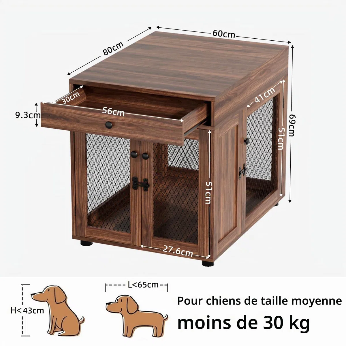 VOWNER Cage pour chien - Meuble d'intérieur - En bois - 3 portes - Avec tiroir - Niche moderne comme table d'appoint - 60 x 80 x 69 cm - Pour les chiens de petite/moyenne taille à la maison de moins