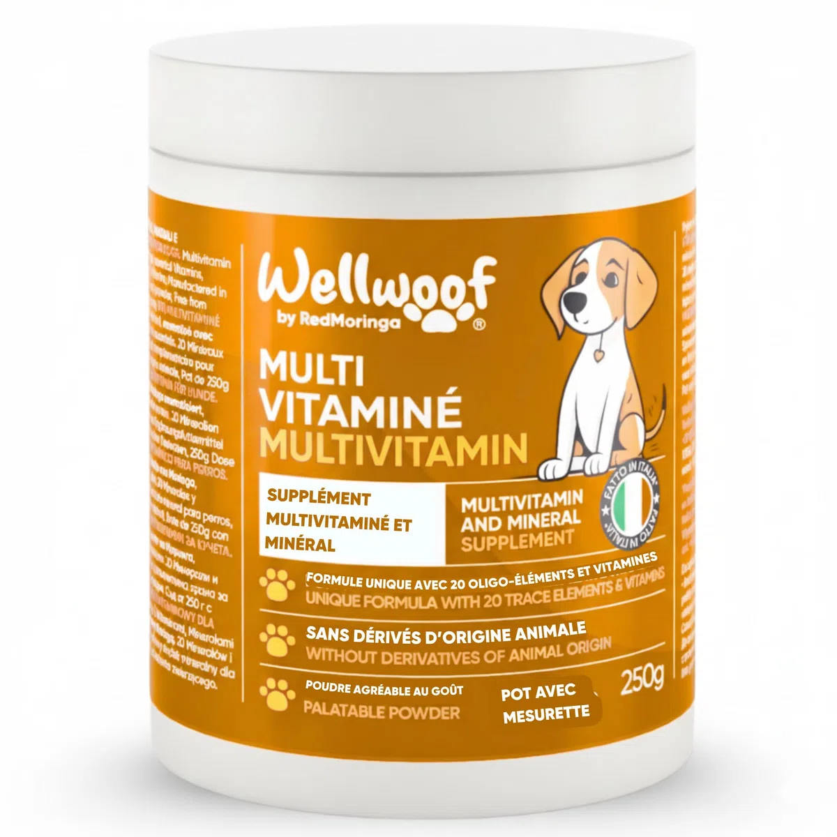 Complément Multivitaminé Complet 11 en 1 | Poudre pour Chiens (250g) | 20 Vitamines et Minéraux & Moringa Bio | sans Appétents Animaux | Idéal pour Régime Maison | Fabriqué en Italie - WELLFOOF