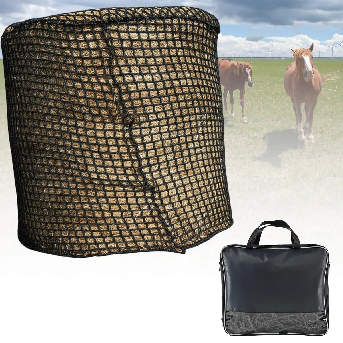 Filet à Foin, 120x120cm, pour Grands Chevaux, balles Rondes, pour Les exploitations agricoles, l'élevage de bétail, Maille 4,5 x 4,5 cm (Noir)