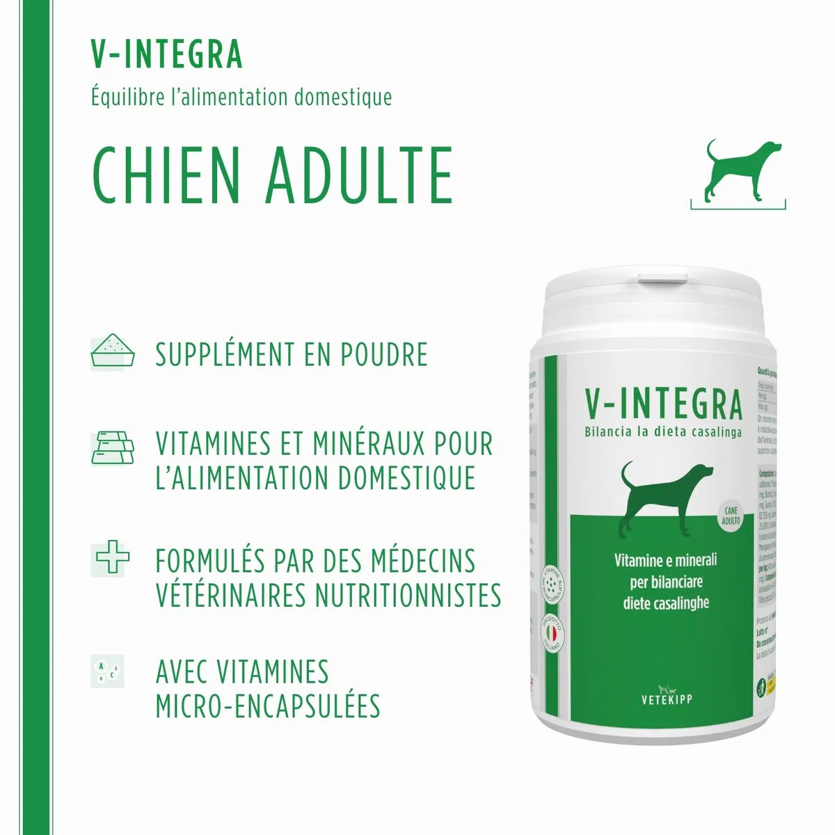 V-INTEGRA Chien Adulte - Supplément Complet Riche en vitamines et minéraux pour la Ration ménagère et Barf des Chiens Adultes - 200 g - Produit en Italie