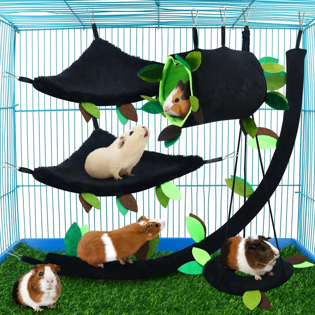 Lot de 5 hamsters à suspendre pour hamster, rat, cochon d'Inde, cage jouet accessoire de cage à motif forêt, tunnel et balançoire pour petits animaux, planeur, écureuil jouant au sommeil (noir)