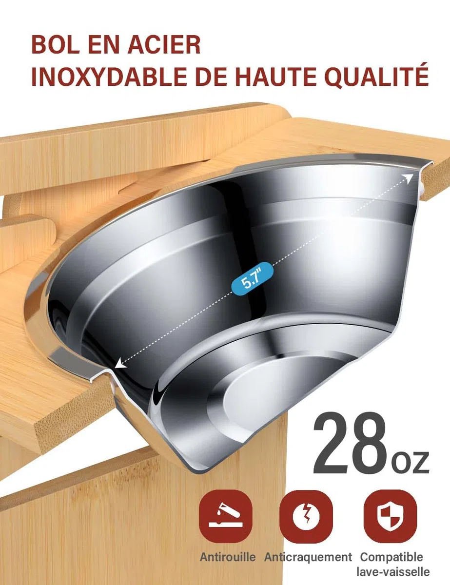 Vantic Gamelle Chien Surelevee de 6 Hauteurs Ajustables, Support Gamelle Chien Surelevee, Station d'alimentation en Bambou avec 2 Bols en Acier Inoxydable