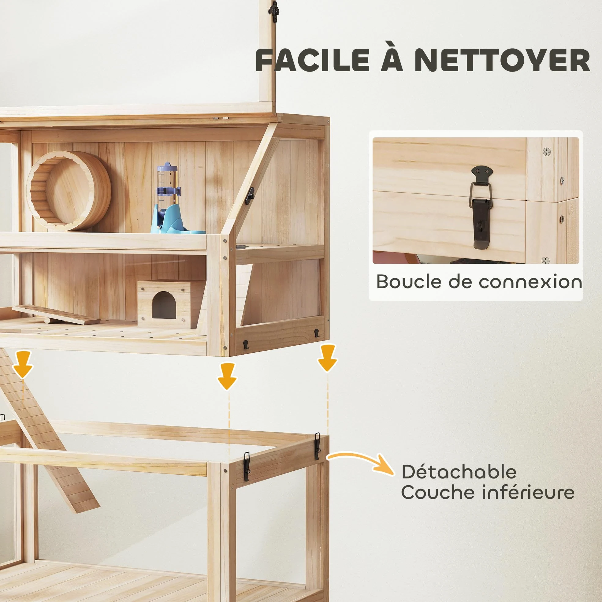 PawHut Cage pour Hamster en Bois XXL - Habitat pour Rongeur 3 étages avec Panneau Acrylique et Roue - Maison Petit Animal de Luxe avec Accessoires et étagère de Rangement, 80x53x117cm, Effet Bois