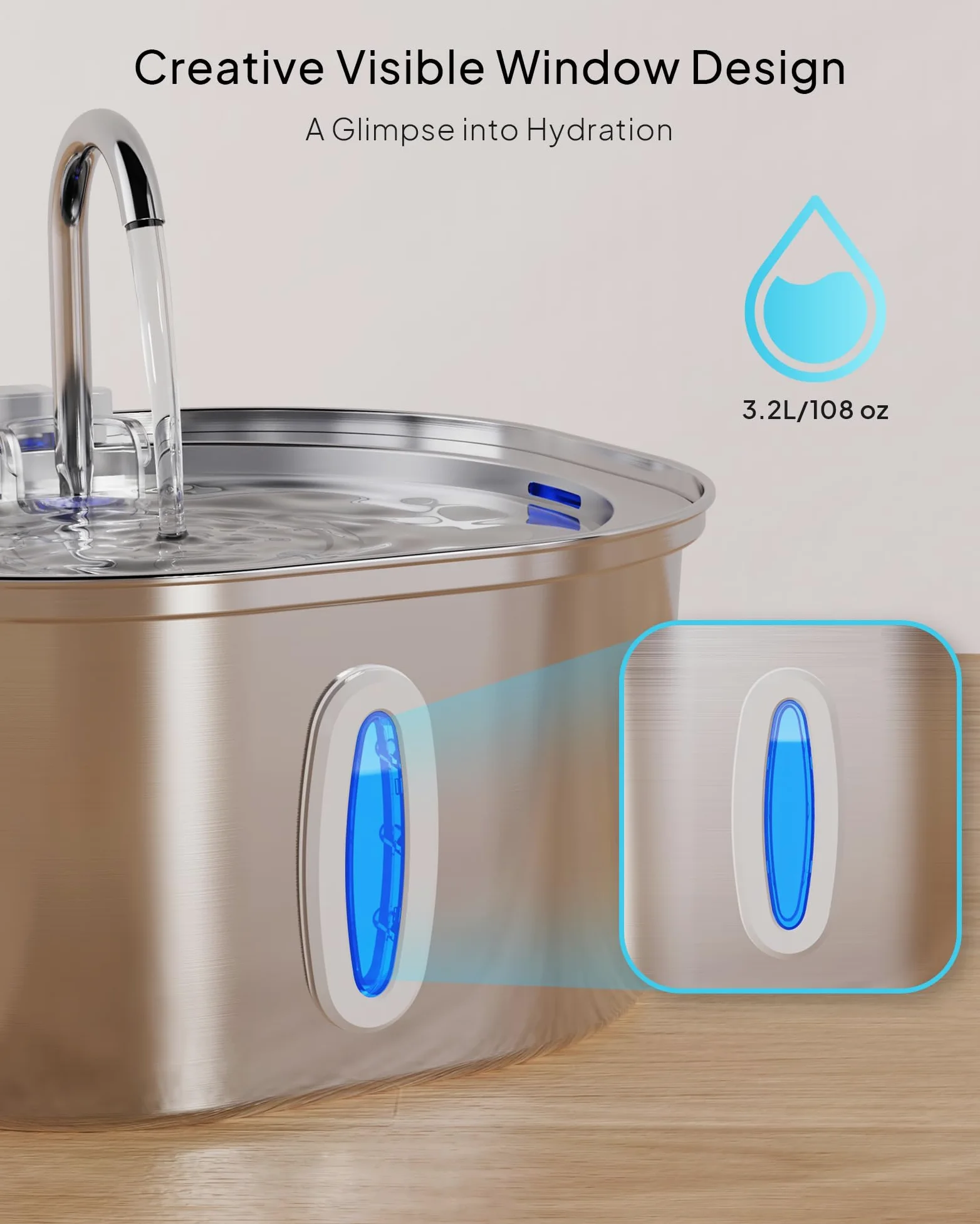 Fontaine à Eau pour Chats PEKTACO en Acier Inoxydable pour Intérieur - Fontaine à Eau Automatique 3,2L avec Fenêtre de Niveau d'eau, Silencieuse, Distributeur d'eau pour Chien