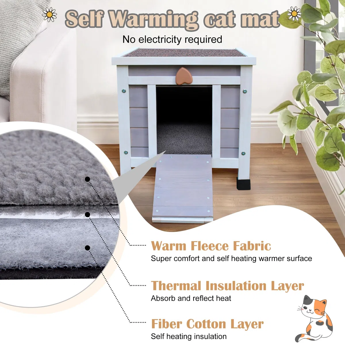 Maison de Chat d'extérieur avec Tapis, Maison de Chat Exterieur en Bois,Sauvage extérieure résistant aux intempéries, Petite Maison en Bois avec Tapis 42 x 51 x 43 cm (Gris)