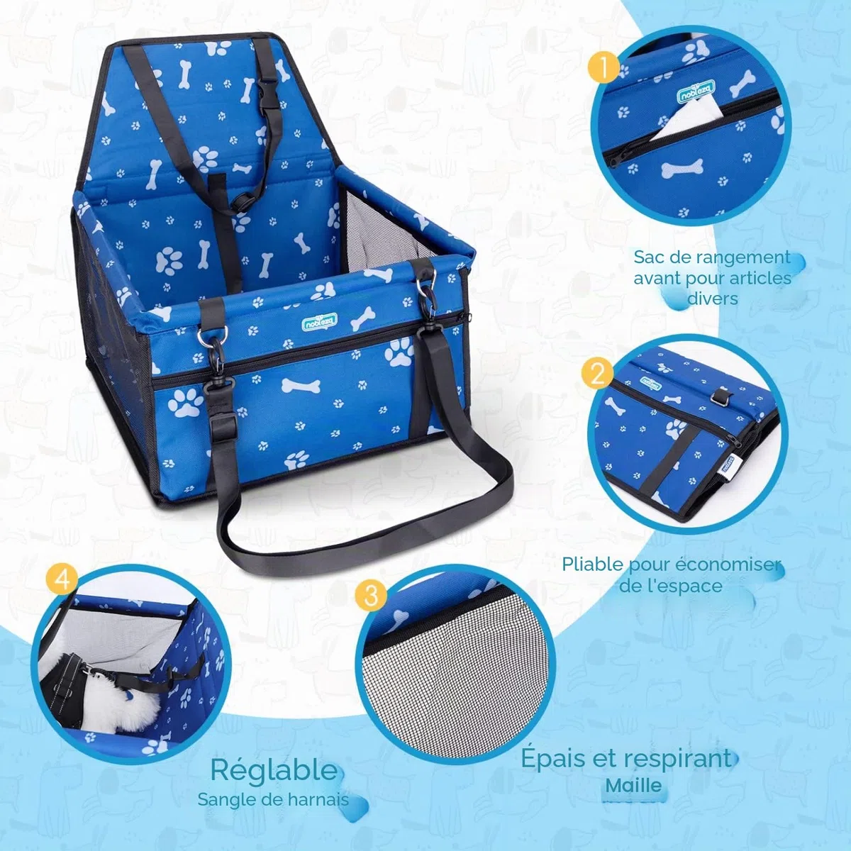 Nobleza Siège Auto pour Chien et Chat, Panier de Voiture Pliable pour Petits Chiens avec Ceinture de Sécurité, Imperméable et Respirant en Tissu Oxford, 40x34x25cm, Bleu