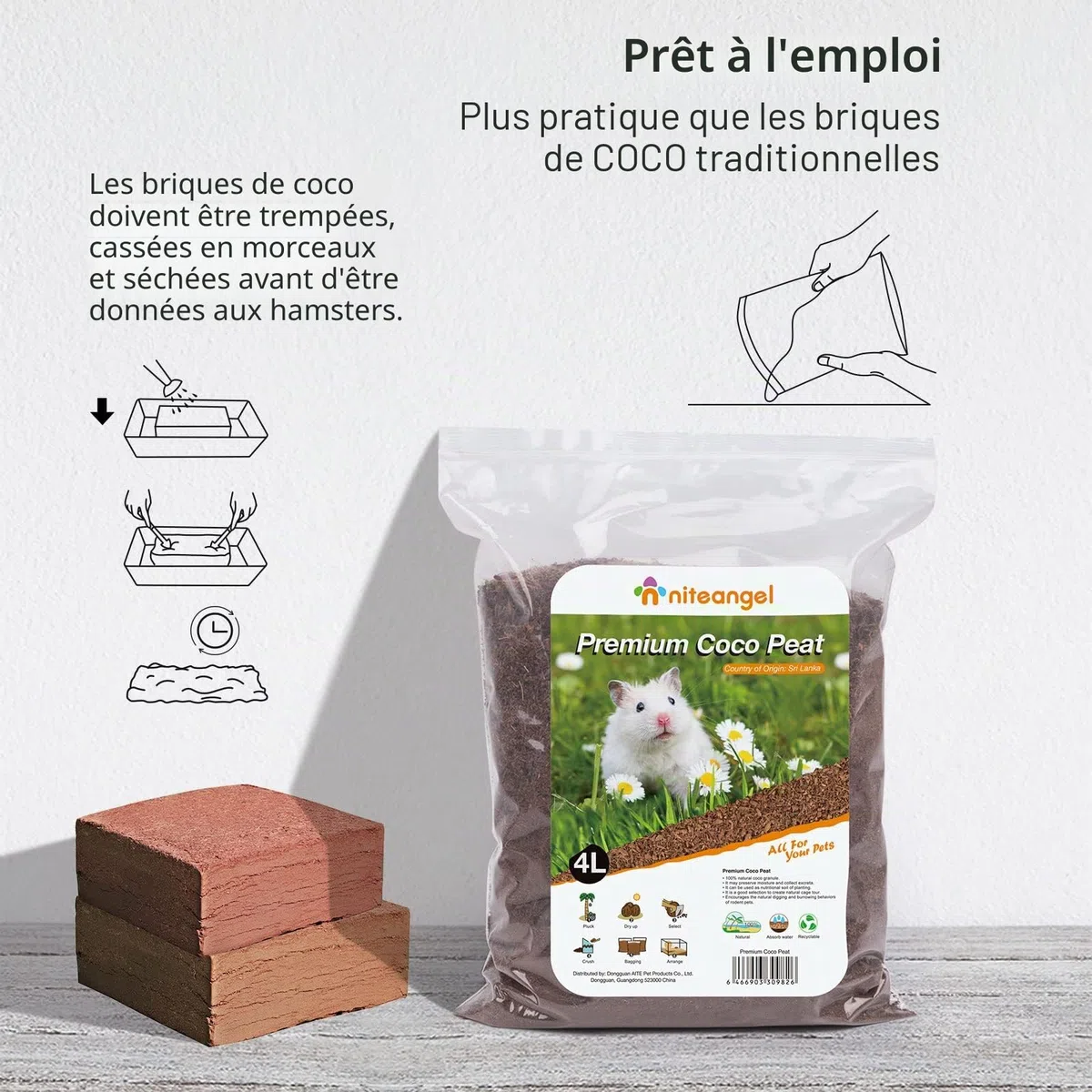 Niteangel Litière Naturelle pour Hamsters Nains syriens, gerbilles, Souris, Degus ou Autres Petits Animaux à Base de Coco/Cork. (Tourbe de Coco)