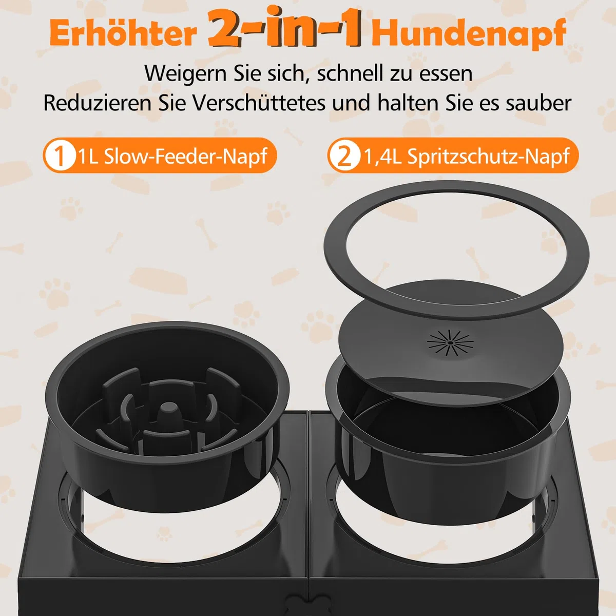 X XBEN 3-in-1 Gamelles Surélevées de 5 Hauteurs Ajustables, Gamelle pour Chien avec 1L Gamelle Anti-Glouton et 1,4L Anti-éclaboussures, Antidérapant, pour Chien de Taille Moyenne et Grande