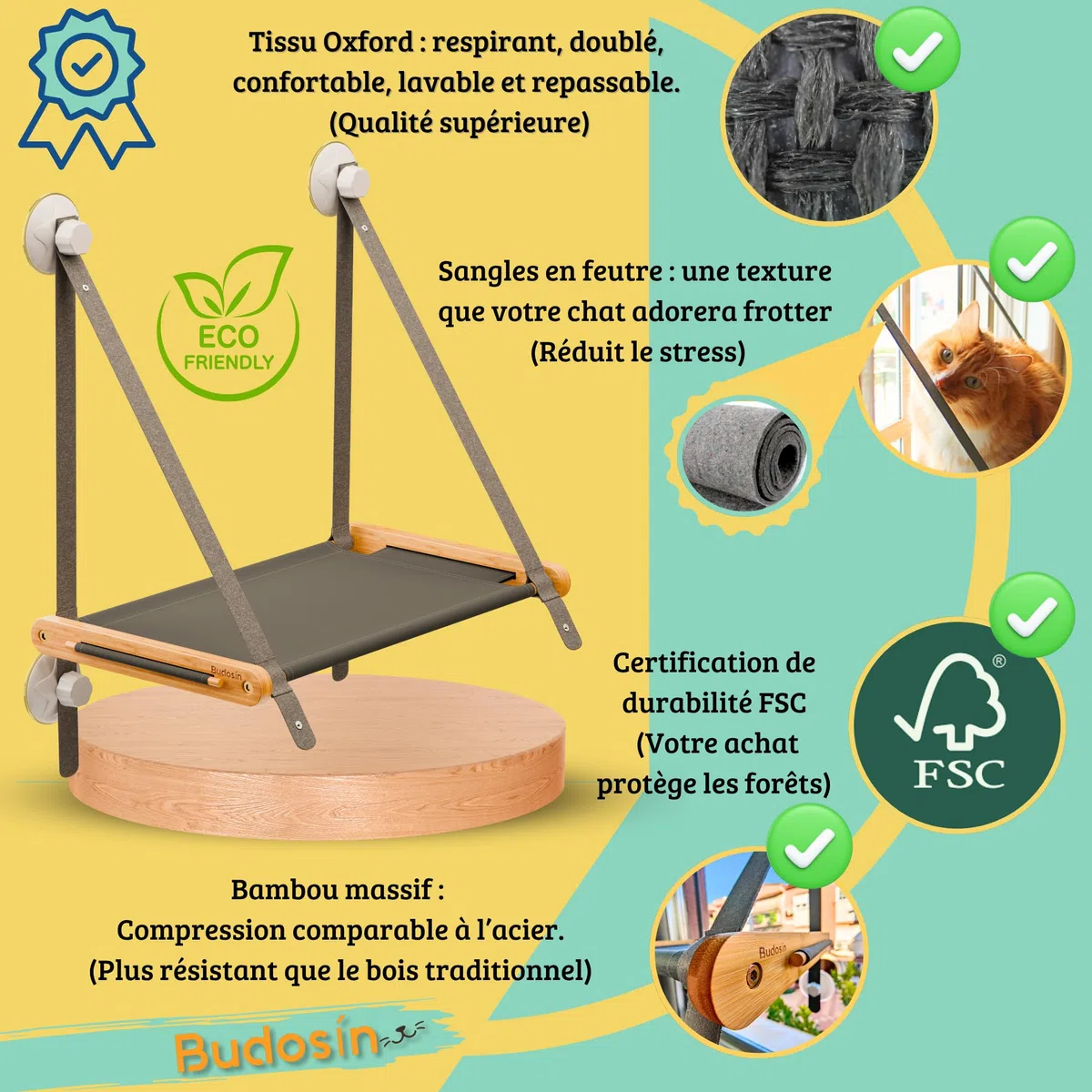 Hamac Chat fenêtre en Bambou Massif – 5 ventouses 3.0 Ultra résistantes – Hamac pour Chat avec Tissu Oxford Respirant – Installation Facile (Manuel Inclus) – Hamac Letvan de Budosín