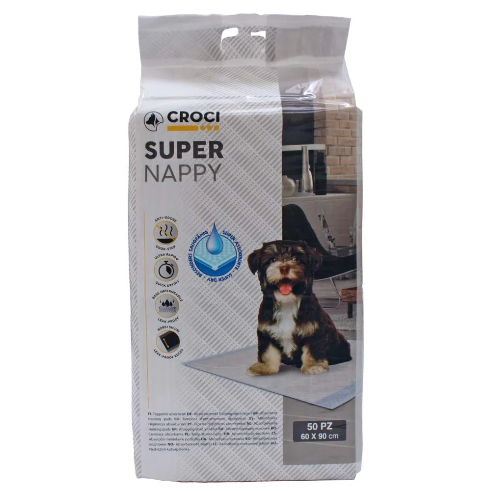Croci Super Nappy - Tapis Hygiénique pour Chiens 60X90 cm 50 Pièces - Alèses pour Chiens et Animaux de Compagnie, pour Chien et Chat Pee Ultra Absorbant Jetable, Anti-déchirure et Anti-odeur