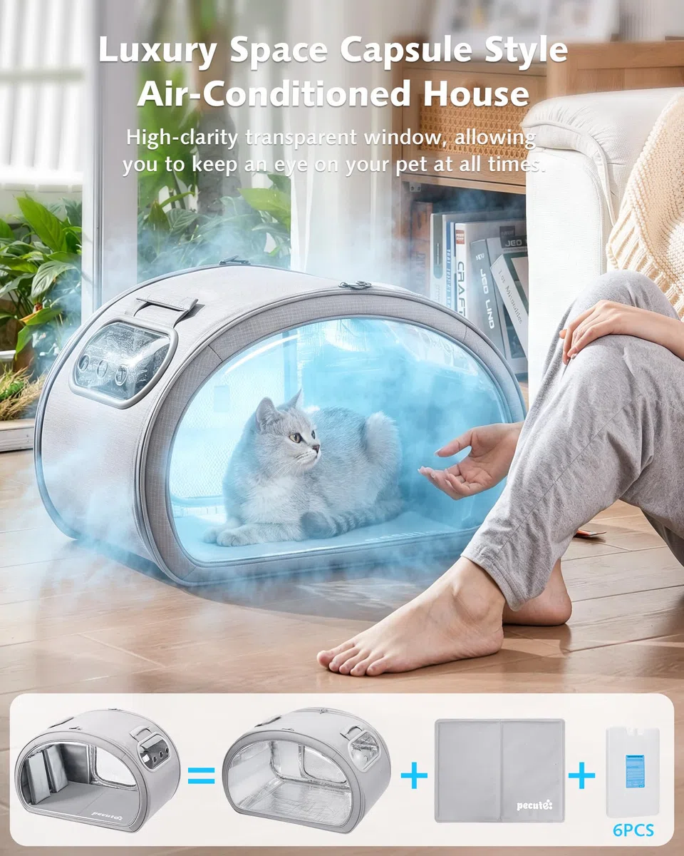 Niche Rafraîchissante pour Chat Pecute | Cabane Anti-Canicule avec Blocs de Glace et Tapis Gel | Design Transparent et Structure Solide | Idéale pour Maison et Extérieur | Taille M, Gris