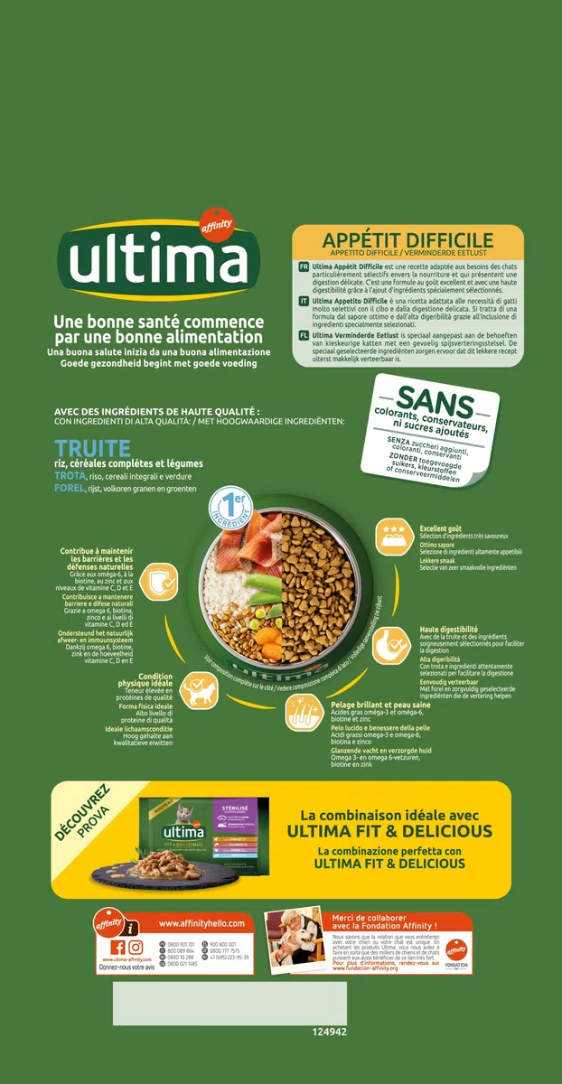 Ultima Croquettes pour Chat Adulte Appétit Difficile Truite et Riz 1,5 kg