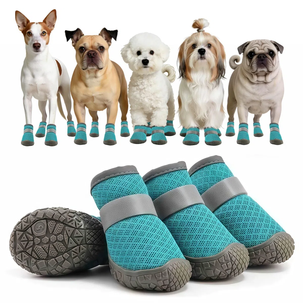 Bottes pour Petits Chiens (4 pcs), Protecteurs de Pattes en Maille Légère pour Chiens XS jusqu'à 12kg, Chaussures Antidérapantes Réglables pour Balades & Pattes Blessées (Bleu)