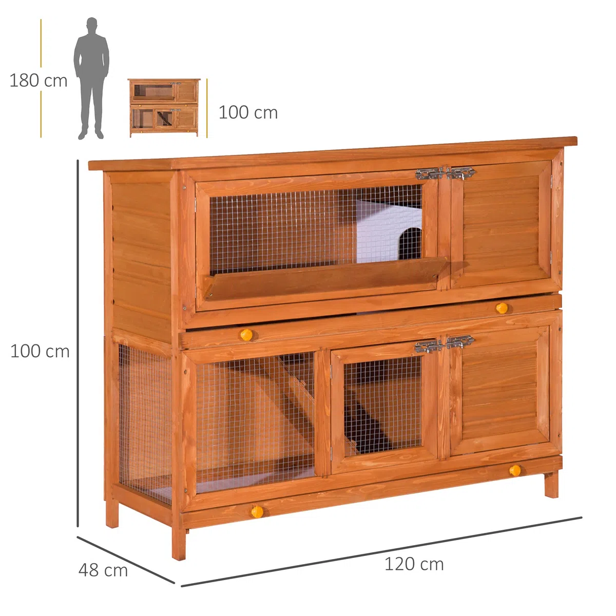 PawHut Cage à Lapin de Grande Taille en Bois de pin avec 2 étages, Toit ouvrant, râtelier à Foin, poulailler clapier dim. 120L x 48l x100H cm
