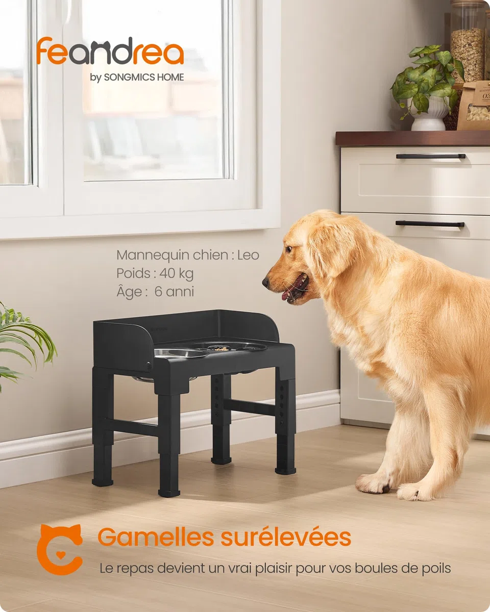 Feandrea Gamelle pour Chien Surélevée, avec Support, Ajustable en Hauteur et Inclinable, Support Gamelle, 2 Bols en Acier Inoxydable 304, 1 Bol Anti-Glouton, Noir d'encre PRB103B01