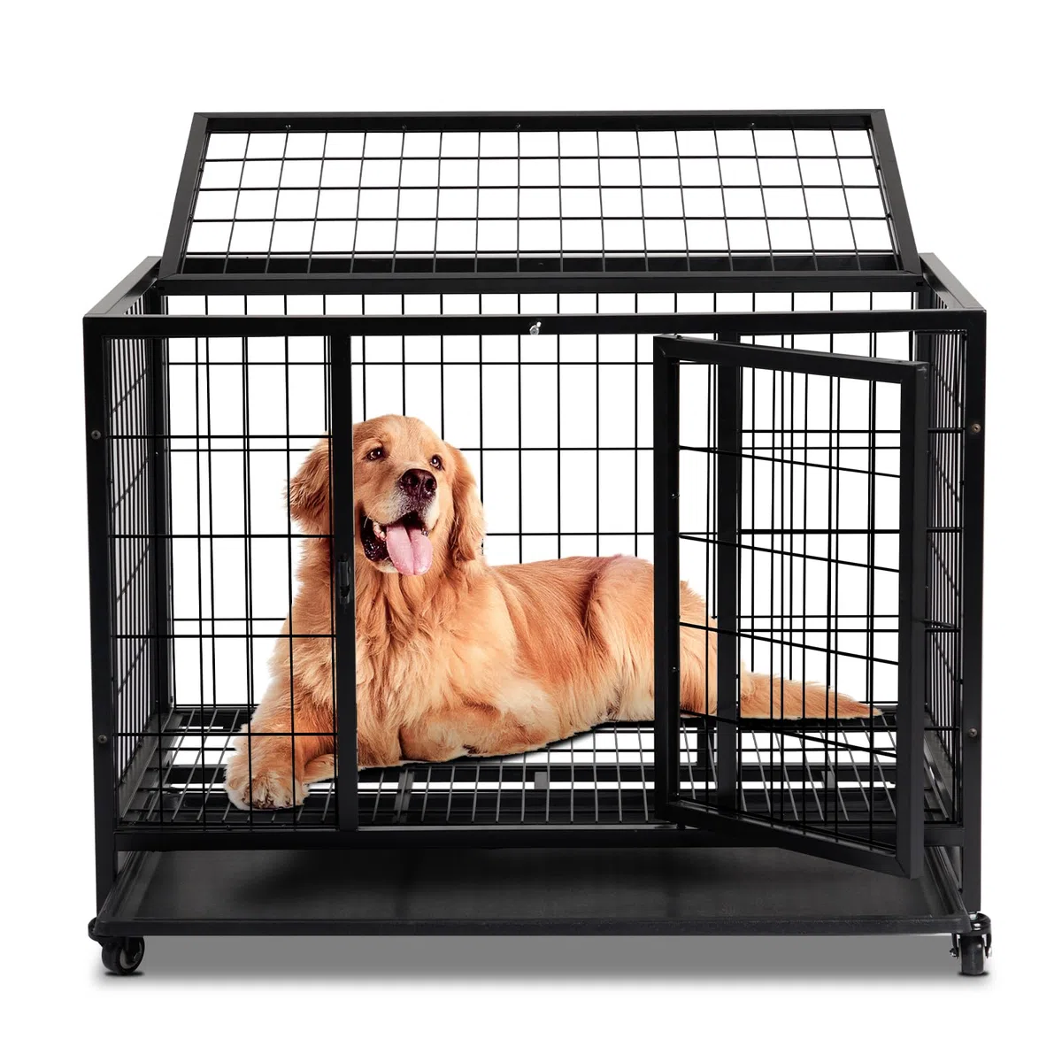 LEADZM Cage pour Chien XL 91x62x70cm – Chenil avec 2 Portes & Roues Verrouillables 360° – Bac en Plastique Amovible et Structure Métal Renforcé Noir