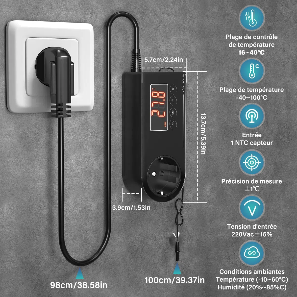 GlowUp Thermostat Terrarium 220V Prise Thermostat EU Plug Prise Thermostat avec Sonde Prise de Contrôle de Température pour Serre, Reptiles, Aquarium, Incubateur, Etc (1Pcs)