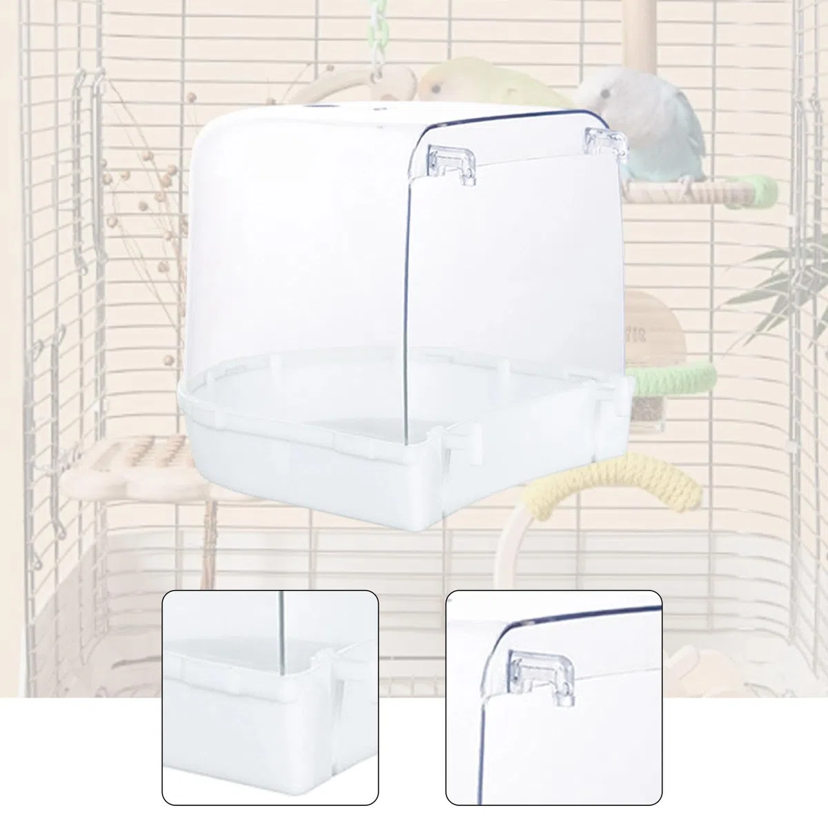 Bain d'oiseaux Transparent et Spacieux pour Cage, Idéal pour Les Perroquets, Perruches Ondulées, Canaris, Inséparables et Calopsittes, Blanc