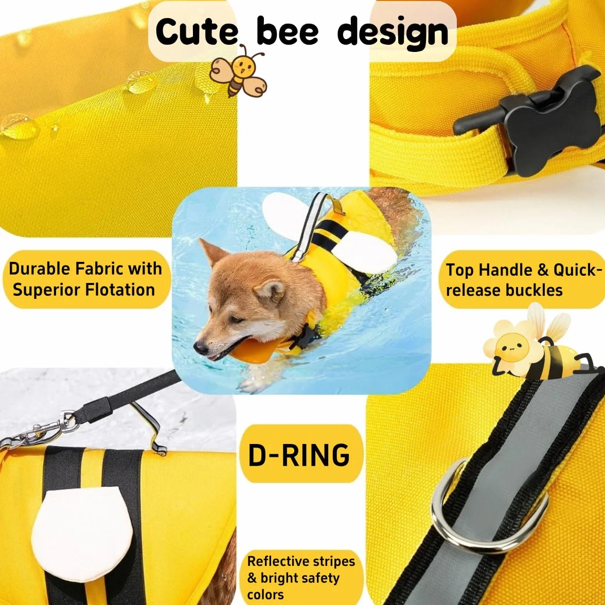 Little Bean Gilet de Sauvetage réglable pour Chien avec flottabilité supérieure et poignée de Sauvetage pour Chiens de Petite, Moyenne et Grande Taille (Jaune, L)