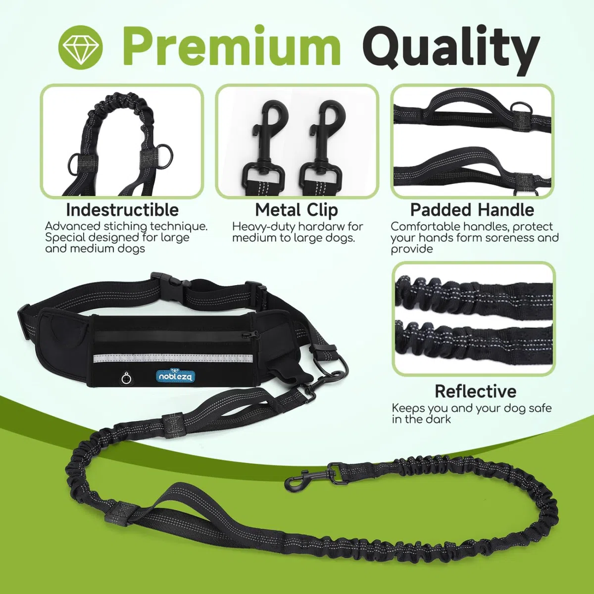 Nobleza Laisses Mains Libres pour Chien, Ceinture réglable de Laisse de Formation pour la Promenade de Chien, pulsant et Courant, Absorption de Choc, Confortable, Couture Réfléchissante