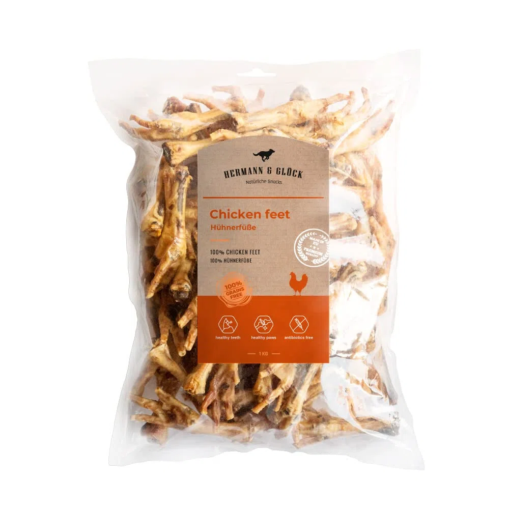 Hermann & Glück Pattes de Poule Premium Naturel 1/2kg | Dentiment de Poules pour Chien | Viande Séchée Sans Céréales | Snacks et Collations 0% de Céréales