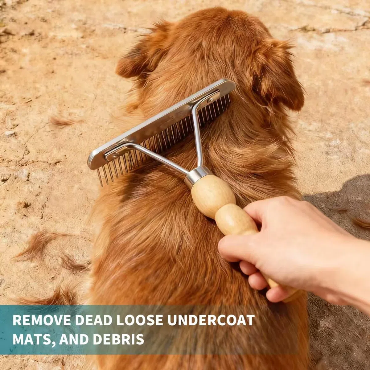 Ordermore Râteau à dents longues pour chien avec manche en bois antidérapant, peigne en acier pour poils longs