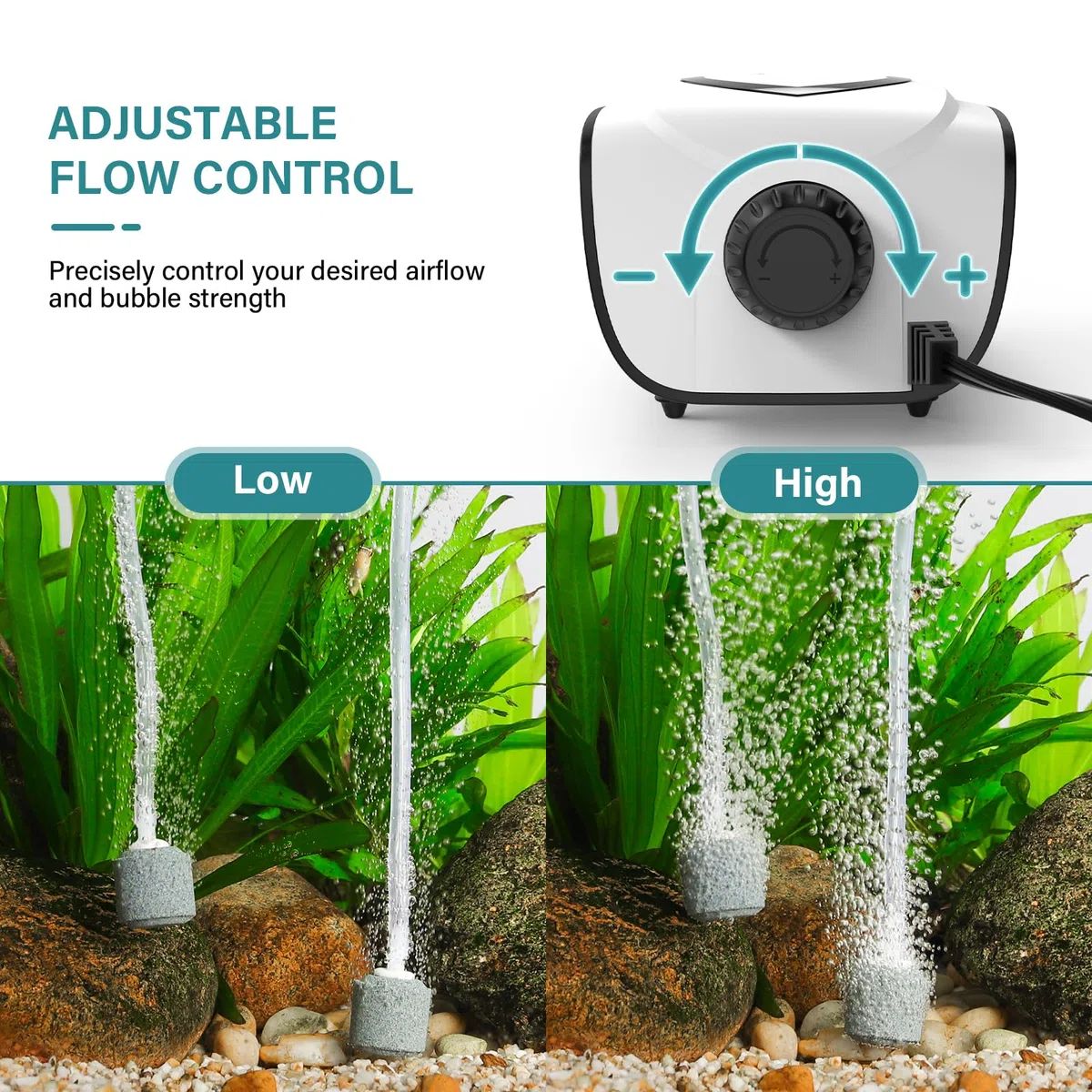 fishkeeper Bulleur pour Aquarium, Réglable Pompe à Air Aquarium, Pompe à air Externe pour Petits Aquariums de 1 à 600L, Pompen Externe pour Aqua à Eau avec Ventouses