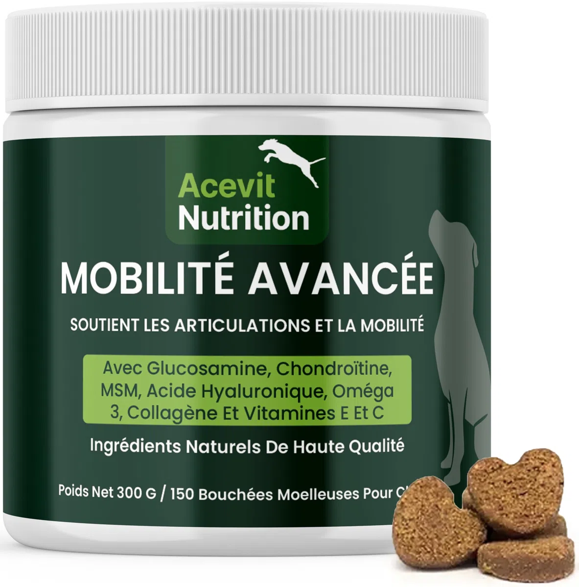 Arthrose Chien, 150 Bouchées 100% Naturelles Articulations, Glucosamine, Chondroïtine, MSM, Collagène, Acide Hyaluronique, Anti-Douleur & Anti-Inflammatoire, Formule Vétérinaire Haute Efficacité