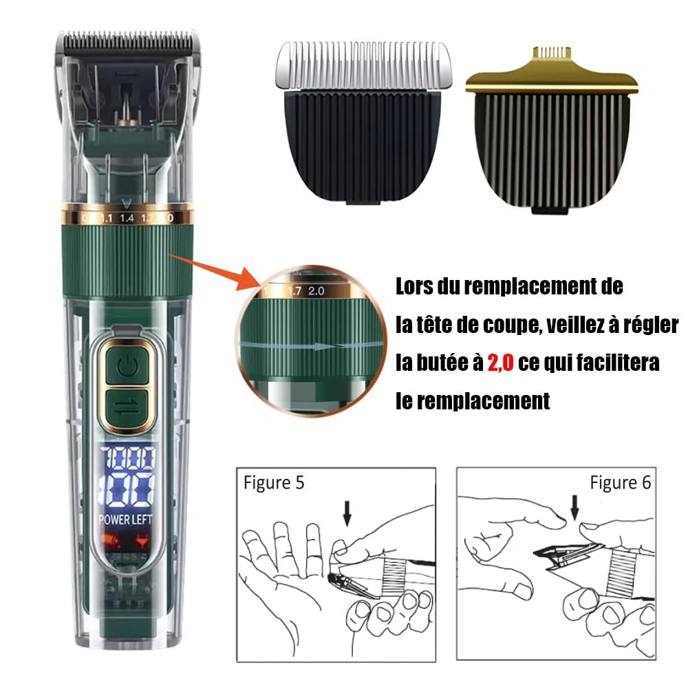 Tondeuse Professionnelle pour Chien et Chat, avec Écran LED, 4 Peignes de Limite, 3 Vitesses, Étanche IPX7 - pour Poils Longs et Noeud (Vert)