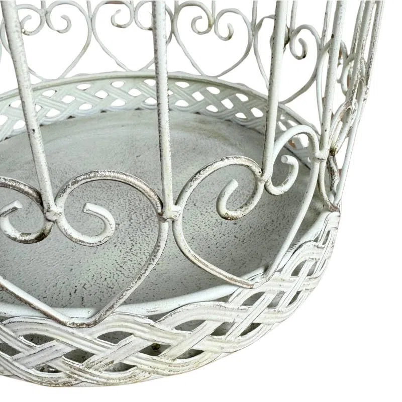L'Héritier Du Temps Petite Cage à Oiseaux Volière Ronde en Acier Patiné Blanc Abri Décoratif à Suspendre 15,5x15,5x28cm