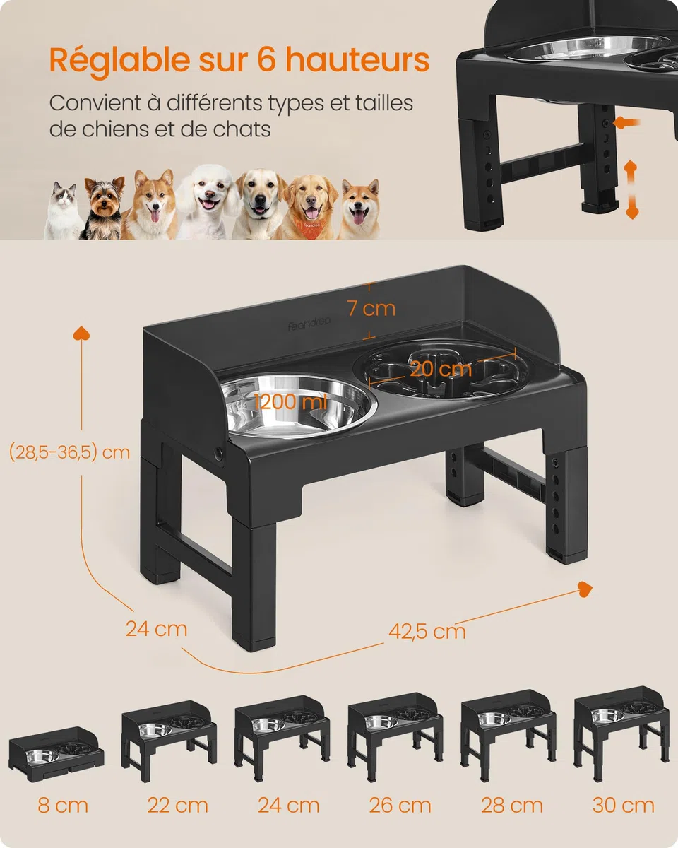 Feandrea Gamelle pour Chien Surélevée, avec Support, Ajustable en Hauteur et Inclinable, Support Gamelle, 2 Bols en Acier Inoxydable 304, 1 Bol Anti-Glouton, Noir d'encre PRB103B01