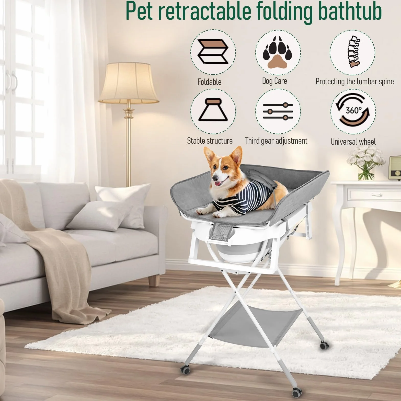 Baignoire 2 en 1 pour chien - Station de lavage pliable pour le bain et le toilettage - Baignoire de douche portable pliable pour petits chiens, chats et animaux domestiques avec 3 vitesses