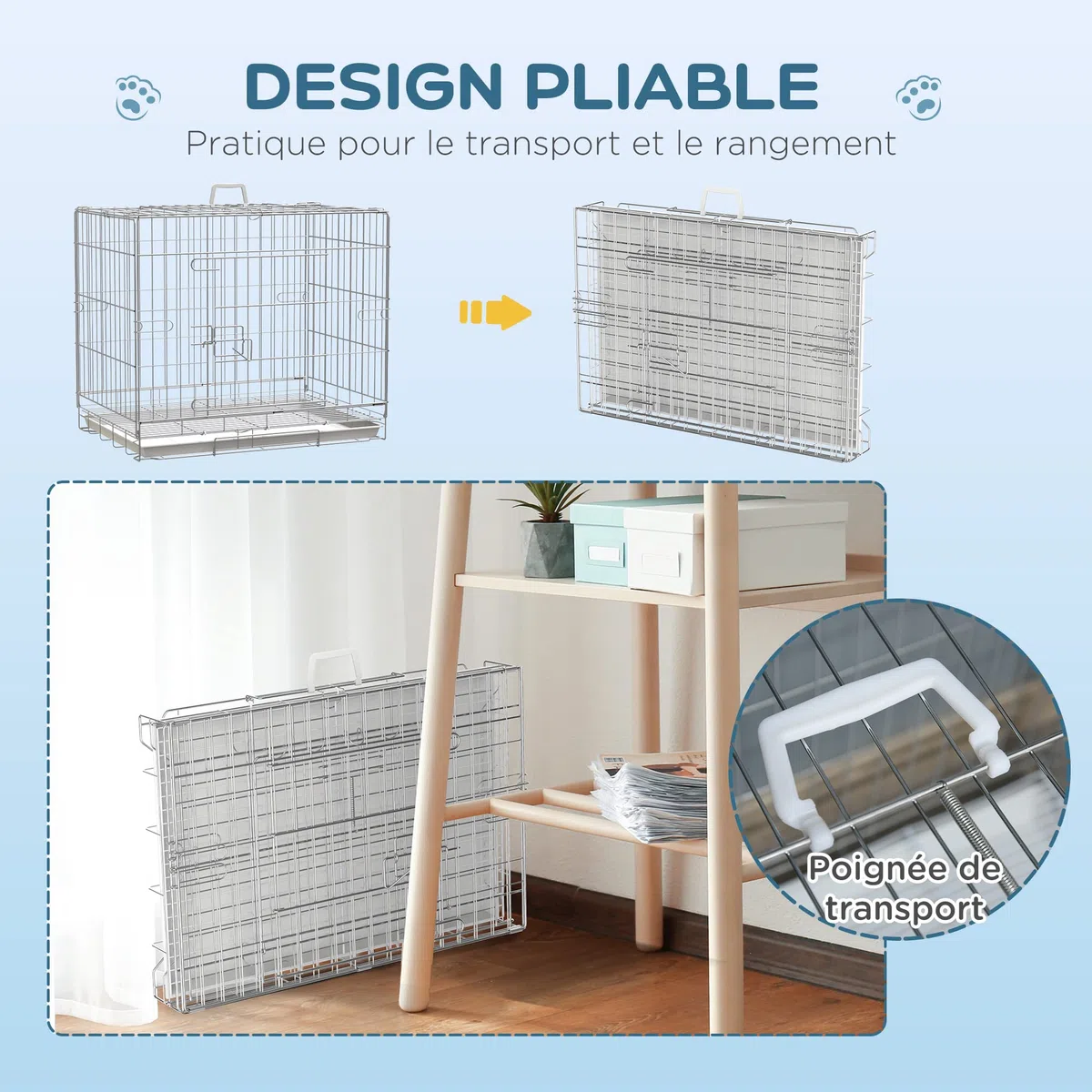 PawHut Cage pour Chien Pliable en Fil métallique avec Plateau Amovible, 1 Porte avec Serrure - 61 x 43 x 50 cm Blanc