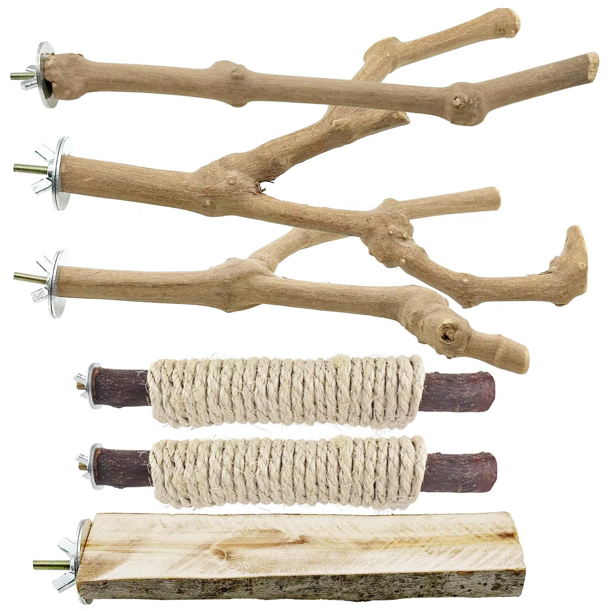 Lot de 6 perchoirs à oiseaux en bois naturel debout et suspendu, corde inclus, accessoires de cage pour petites perruches, calopsittes, conures