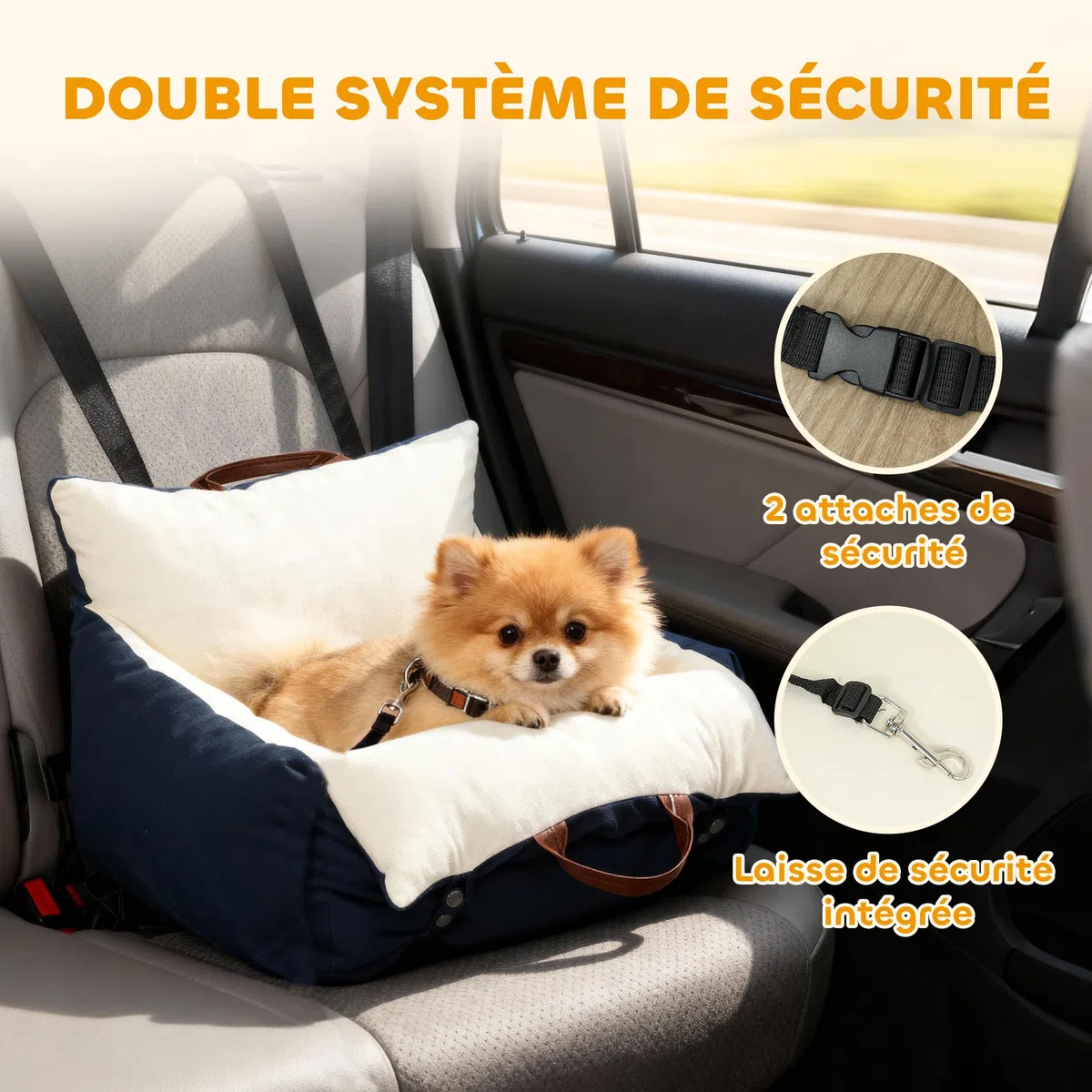 PawHut Siège Auto pour Chien avec Ceinture de sécurité et Fixation, siège de Voiture pour Chiens rembourré Confortable Portable jusqu'à 5kg, Panier Voiture pour Animal Coussin Amovible, Bleu Marine