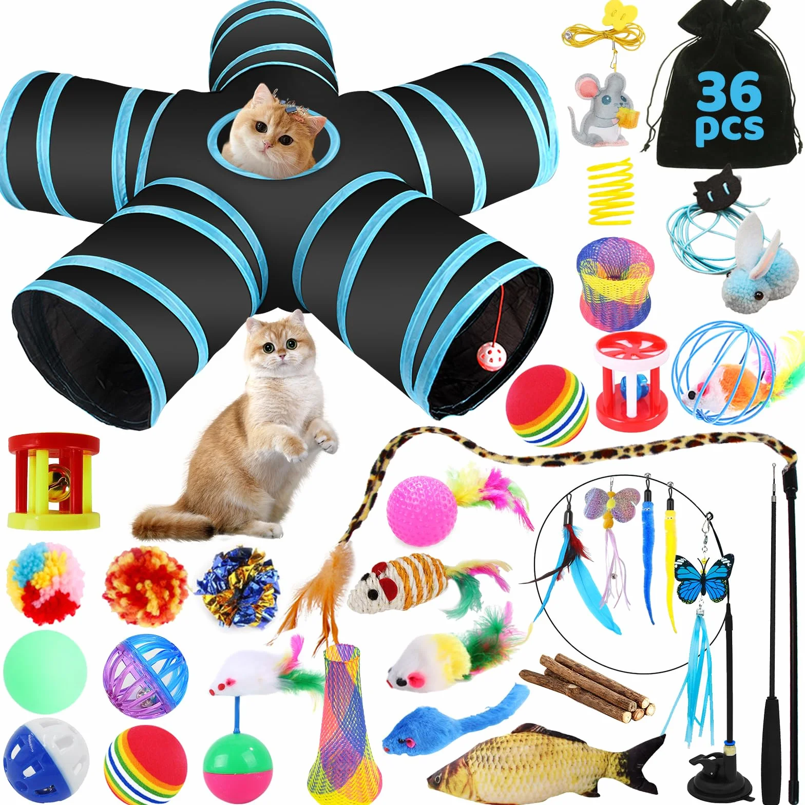Jouets Chat,36pcs Jouet pour Chat,Jouets pour Chats Interactif Jeux Chaton avec Tunnel,Kit Jouet Chats,Balles, Plumes,Poisson,Souris,Kit de Jouets Interactifs pour Chats