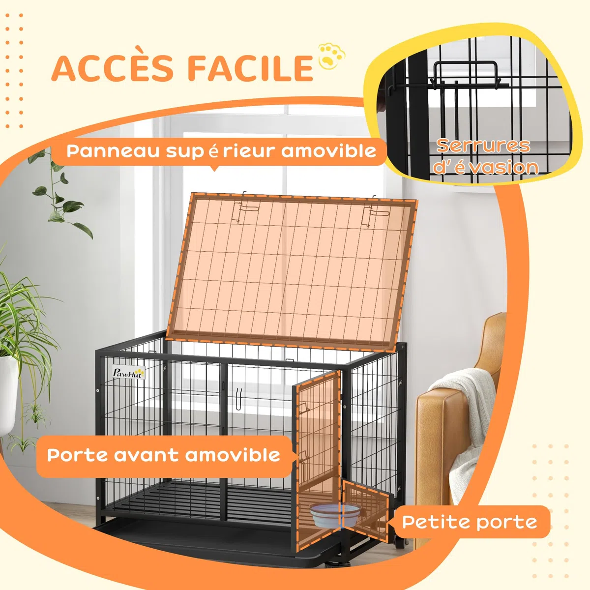 PawHut Cage pour Chien Animaux Cage de Transport sur roulettes avec 2 Portes verrouillables Support de gamelle Plateau Amovible en Acier dim. 92L x 62l x 73H cm Noir