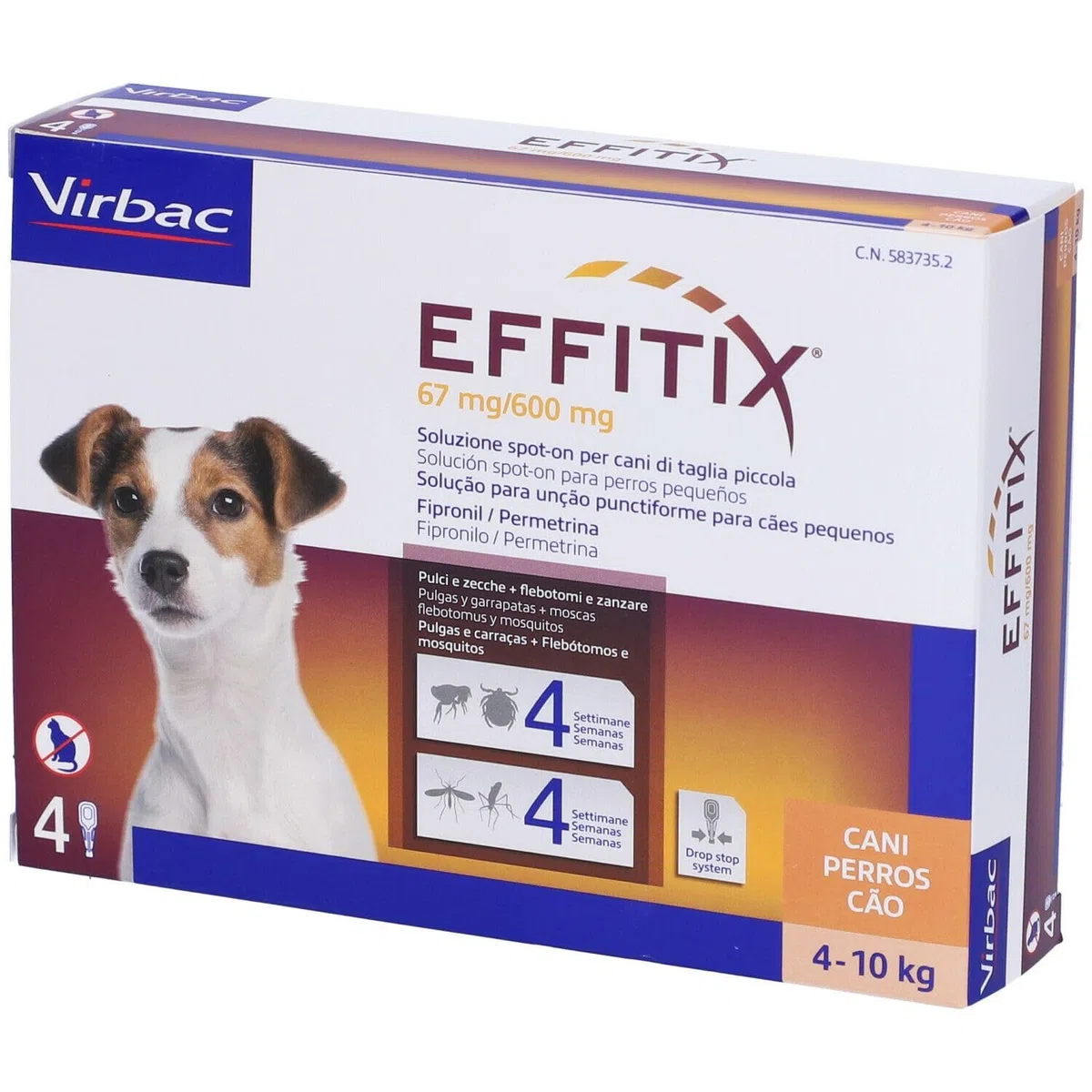 Effitix Lot de 4 pipettes anti-puces et tiques pour chien 4 à 10 kg