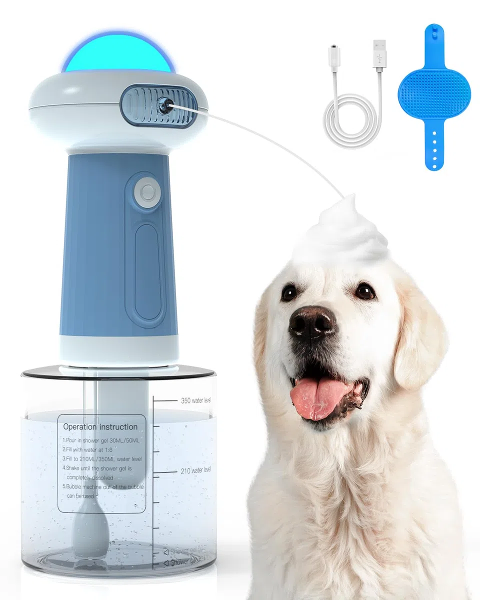 Pulvérisateur de shampooing électrique pour chien et chat, pulvérisateur de bain automatique avec brosse, distributeur pour chiens et chats (bleu)