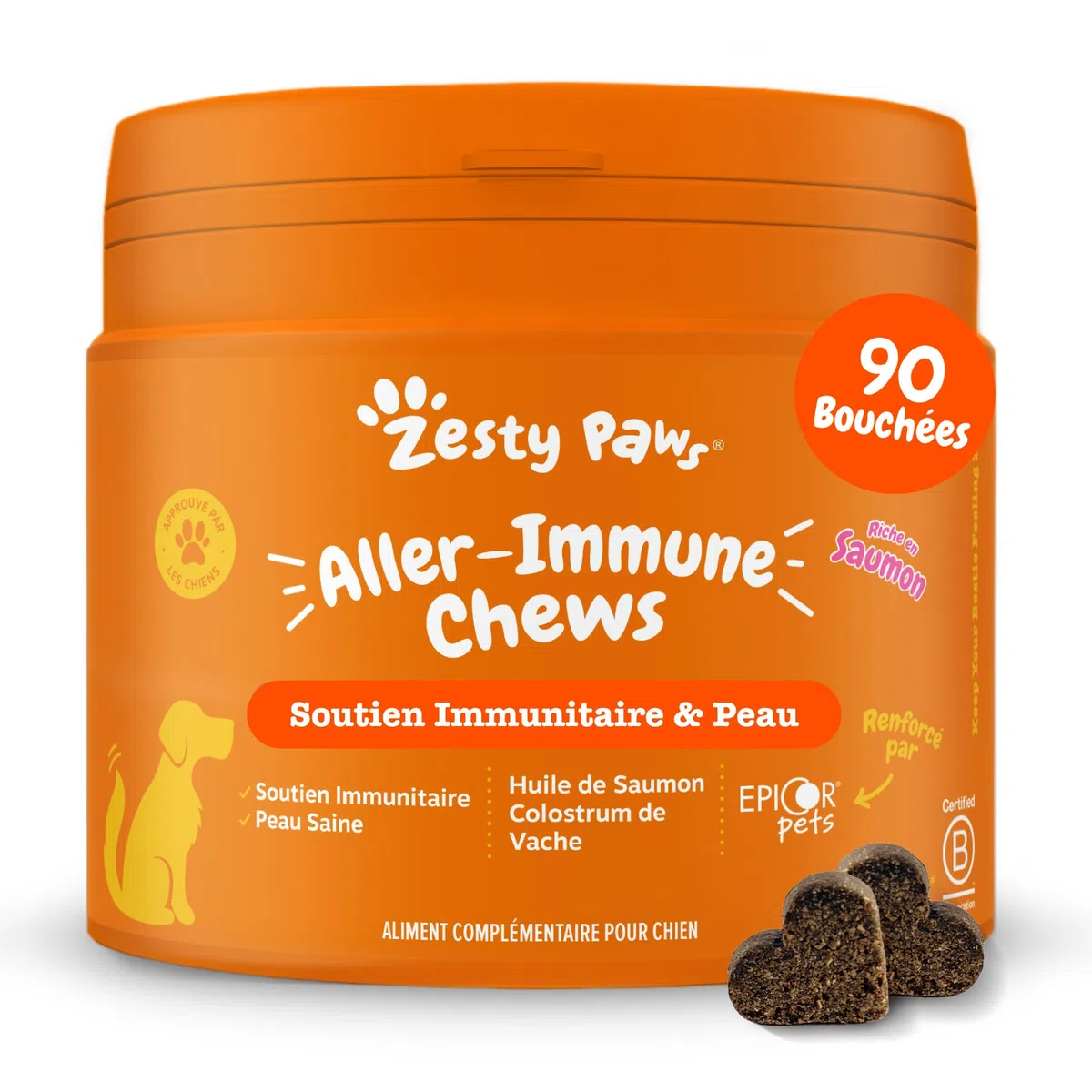 Zesty Paws Bouchées Aller-Immune Chien | Soutien Immunitaire, Soin de la Peau | Peau Sèche et Démangeaisons | Huile de Saumon, Postbiotiques, Probiotiques| Usage Quotidien | 90 Bouchées