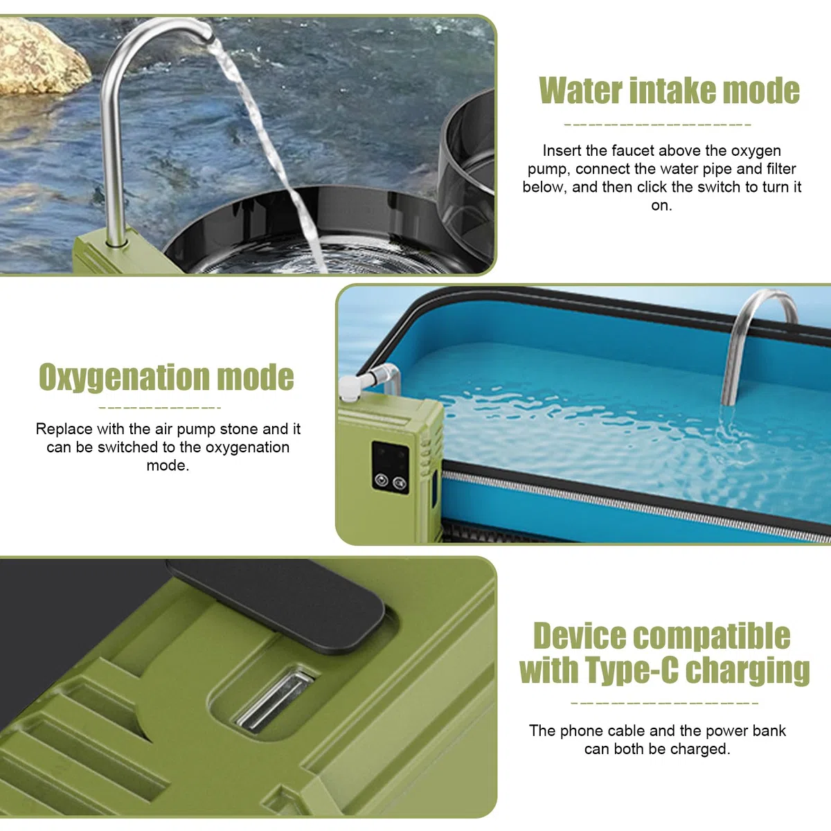 Pompe à Eau Pêche, 2200mAh Pompe à Air D'aquarium Rechargeable, Pompe à Oxygène, Pompe à Air D'aquarium Pompes Oxygène avec Veilleuse LED pour la Pêche en Plein Air et Les Pannes de Courant
