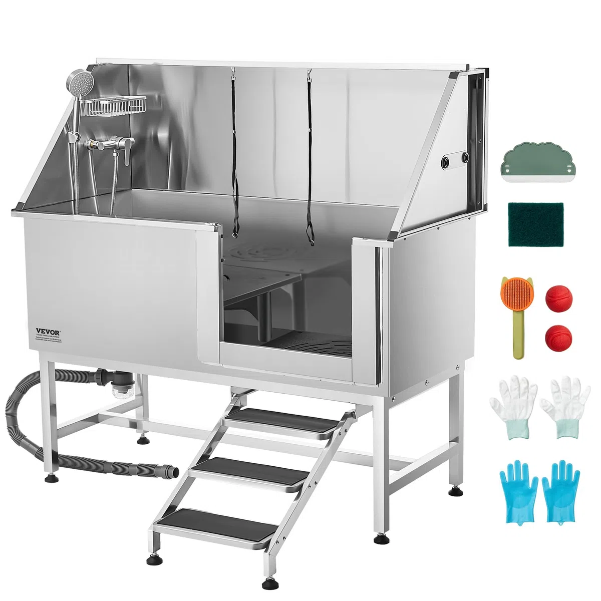 VEVOR Baignoire de Chien Acier Inoxydable, Baignoire de Toilettage pour Animaux de Compagnie 150 cm Station de Lavage Chat, avec Escalier, Panneau Filtre à Eau, Robinet, Pommeau Douche, Porte Droite