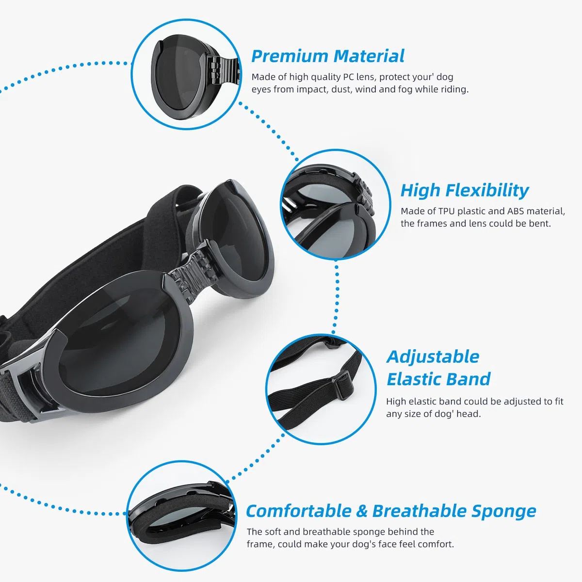 Lesypet Lunettes de soleil pour chien avec verres remplaçables pour chiens de taille moyenne et grande - Anti-UV - Protection contre le vent - Pour l'extérieur, la moto, la conduite, la protection des