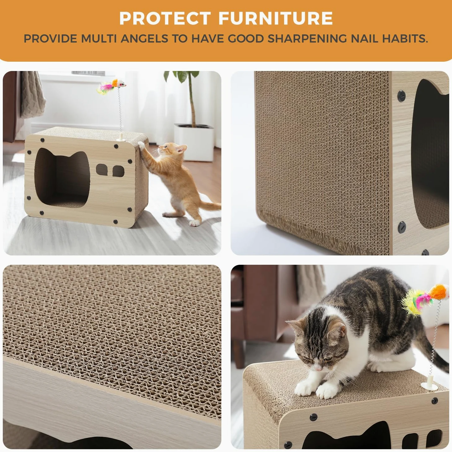 PETEPELA Griffoir pour Chat, Griffoir à Gratter en Carton Ondulé Multifonction 2 en 1, Robuste & Réversible avec Jouet Souris à Ressort, Idéale pour l'Amusement des Chats d'Intérieur (40cm)