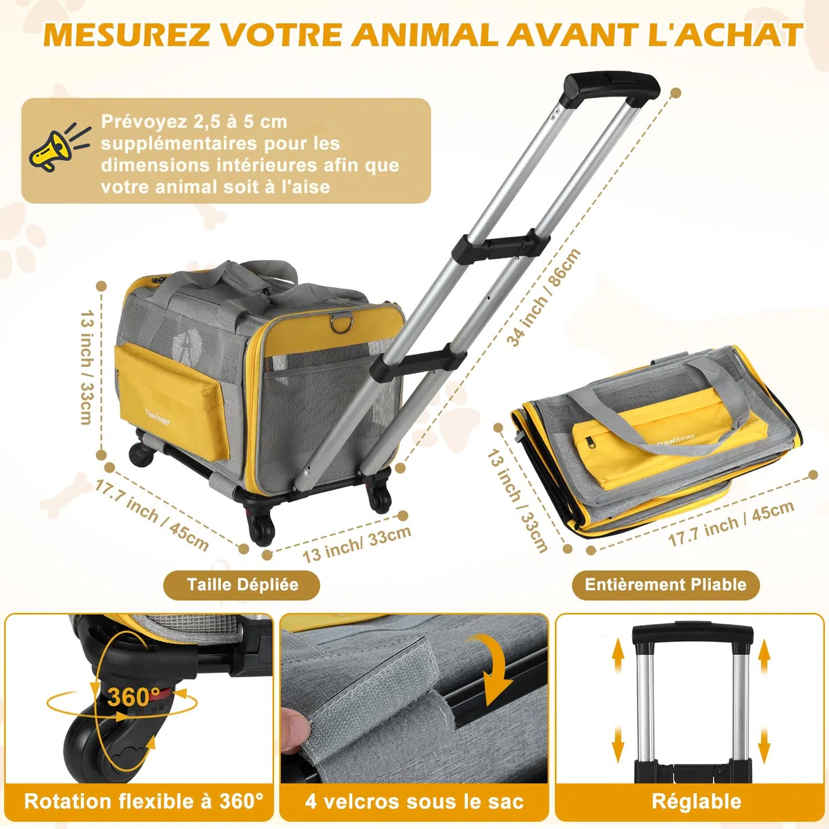 Sac de Transport pour Chat avec Poignée Télescopique - Caisse de Voyage 3-en-1 Pliable pour Petit/Moyen Chien et Chat, Approuvée Avion, roulettes et Toit Ouvrant (Gris)