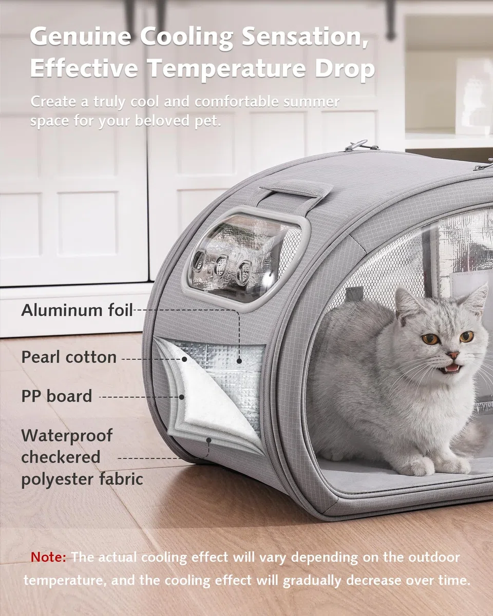 Niche Rafraîchissante pour Chat Pecute | Cabane Anti-Canicule avec Blocs de Glace et Tapis Gel | Design Transparent et Structure Solide | Idéale pour Maison et Extérieur | Taille M, Gris