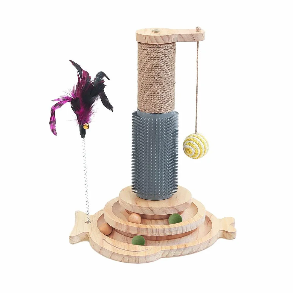 Marchul 5 en 1, Griffoir pour Chat avec Boule Suspendue, Jouet de Piste en Bois avec Plume à Ressort, Jouet d'intérieur interactif