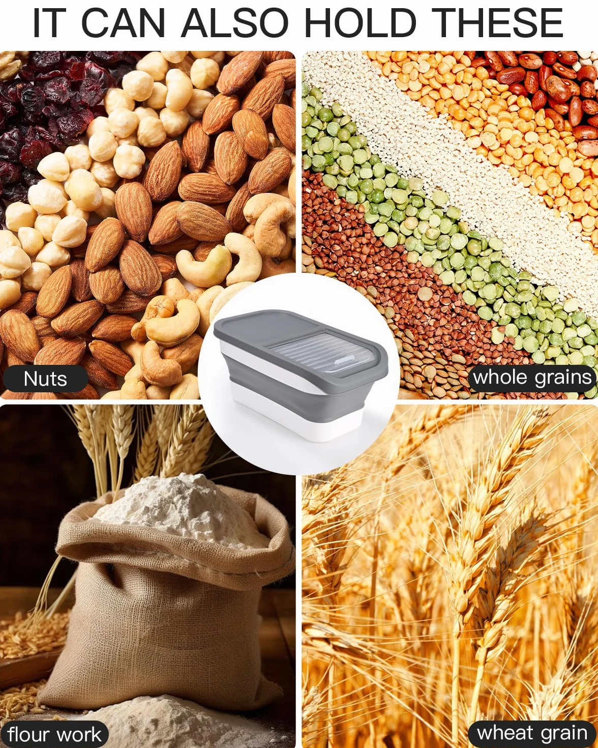 Zawaer Conteneur Croquette Nourriture pour Chien Chat 5KG, Boite à Croquettes Chien Seau de Stockage Pliable Container avec Cuillère Tasse à Mesurer pour Nourriture et Friandises Animaux.(gris)